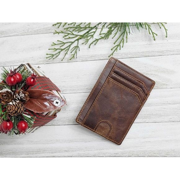 Brown Leather Card Wallet with Window ID, Free Personalization - Picture 1 of 3